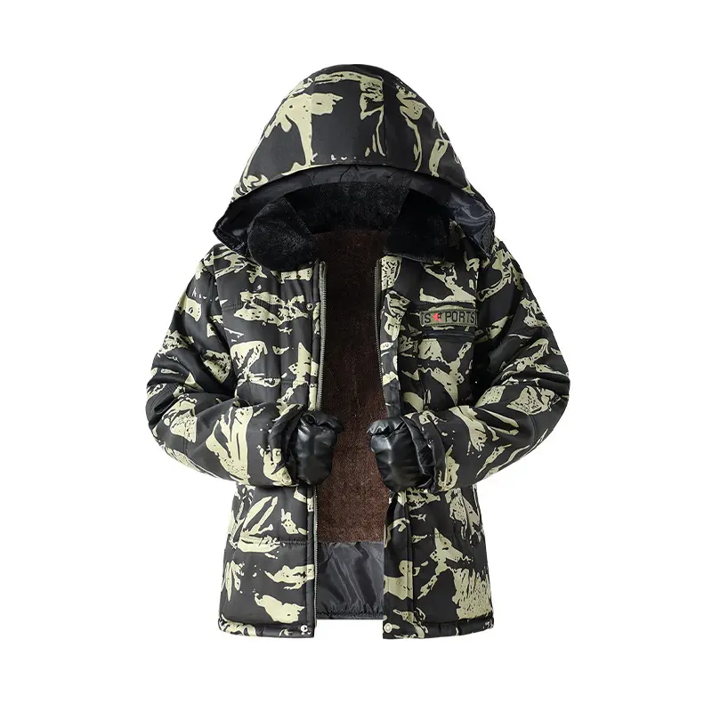 Men's Heavy-Duty Loose-Fitting Hooded Camouflage Fleece-Lined Thermal Work Coat - Menswear Tops, Long Sleeves, Faux Fur Liner, Zip Closure, Utility Pockets, Easy Layering, Full Mobility, Rib Knit Cuffs, Shell Hem, Linen Shell Outdoor Construction Workwear