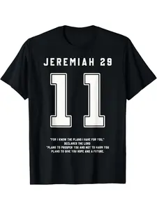 Jeremiah 29 11 Bible Verse Sports Jersey - Men's Black Cotton T-Shirt with Inspirational Quote, Casual Round Neck Short Sleeve Tee for All Seasons, Sports T Shirt, All-Season Casual Wear for sport Fans, Men's tshirts paris | Playful Design Tee |   Ideal