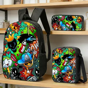 3Pcs Colorful Graffiti Print Backpack Set Durable 600D Oxford Cloth School Bag Insulated Lunch Box & Pencil Case Combo Adjustable Breathable Strap Large Capacity Fits 15in Laptop for Kids Teens School Travel Outdoor Use