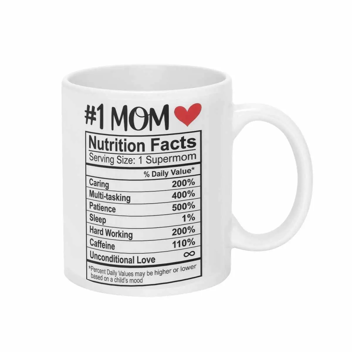 #1 Mom Nutrition Facts Mug (11oz/15oz) Supermom Heart Print Design Durable Ceramic Dishwasher and Microwave Safe Perfect for Mother’s Day Birthday Gift Office Coffee Home Kitchen Family Gathering