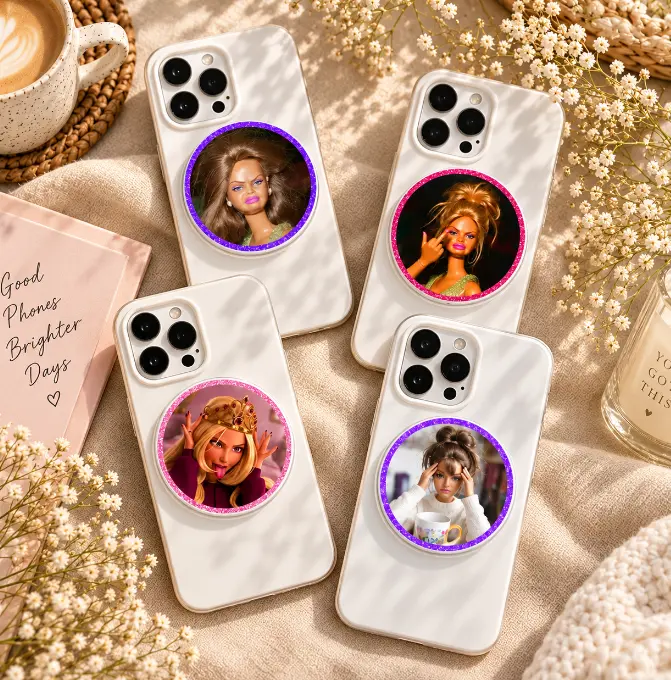 Glam Doll Phone Grip Set, Glitter Border Acrylic Magnetic Phone Holder, Fashion Girl Phone Stand, Cute Girly Accessory, Gift for Her