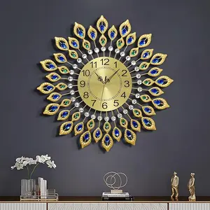 CNCEST 26.4in Modern Gold Quartz Metal Peacock Analog Wall Clock - 3D Light Round Aluminium Acrylic Home Decor, Battery-Powered with Hook for Living Room, Bedroom Decorating (66.5*66.5*6.65cm)