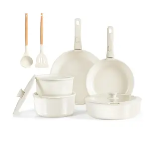 CAROTE 13-Piece Ceramic Cookware Set, Detachable Handle Pots and Pans Set, Oven Safe, Cream White,Taupe