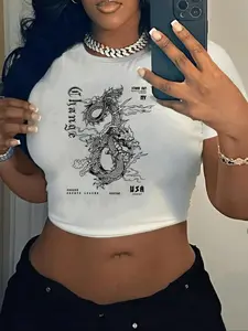 Women's Dragon Print Round Neck Crop Tee, Chic Casual Fit Y2K Streetwear Casual Letter Animal Graphic Short Sleeve Cropped T-shirt For Daily Wear, Ladies Clothes Womenswear For All Seasons
