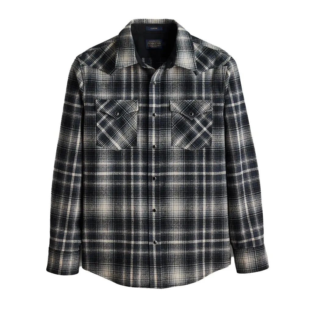 Pendleton Men's Classic Canyon Western Shirt in Grey-Tan Ombre Plaid Umatilla Wool with Pearl Snaps, Machine Washable, Menswear, Long Sleeve, Checked, Button, Fabric, Plaid Shirts, Casual, American Mills, Peaked Yokes, Tall Cut, Two Flapped Chest Pockets