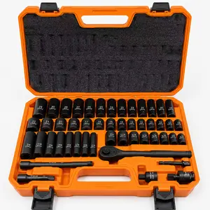 3/8-inch Drive Impact Socket Set, 50-Piece Standard SAE (5/16 to 3/4 inch) and Metric (8-22 mm) Sizes, Hex Socket Heads, Includes Drive Ratchet Handle, Drive Extension Bar, and Impact Universal Joint Outdoor Emergency Essential Tool