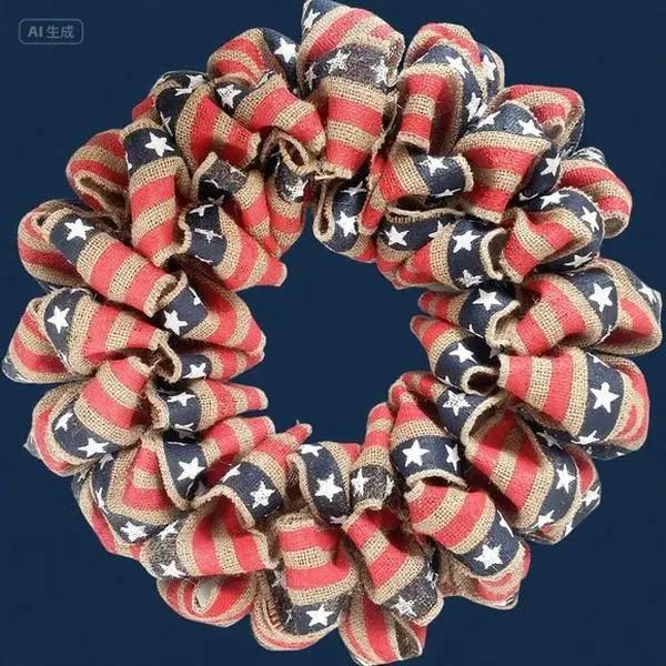Red White Blue Burlap Wreath for Front Door Decor, Natural Jute Wreath with Striped Ribbon, Handmade Holiday Wreath for Indoor Outdoor Use, Farmhouse Style Seasonal Decoration, Durable All-Weather Design