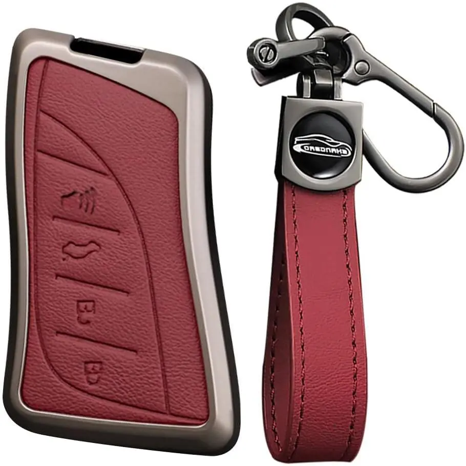 Leather Metal Car Key Fob Cover Case Fit for Lexus ES LS LC RX NX LX TX GX Series RX350 ES350 ES300h 2025 LC500h GX460 2024 Key Holder Key Fob Shell Accessories 4 Button Red-Long Keychain