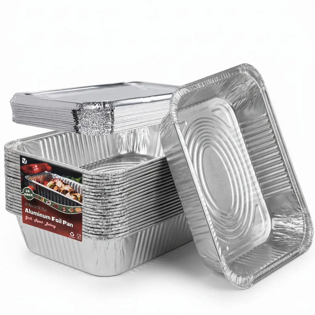 Heavy-Duty 9*13 Aluminum Foil Pans with Lids (Pack of 30) — A popular choice for disposable aluminum foil food containers; suitable for baking, cooking, reheating, freezing, and storing food for holiday parties.