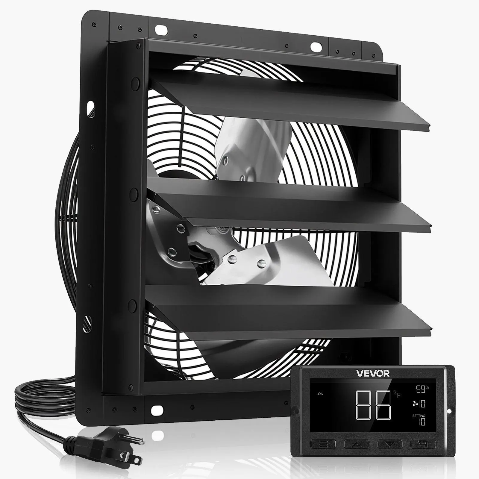 VEVOR 10-in All-Metal Shutter Exhaust Vent Fan, 80W Wall-Mounted Attic Fan with Variable Speed, Smart Programming, Temperature Control, Timer, 1000 CFM Energy-Efficient EC Motor, for Garage Ventilation Solutions, Shed, Adjustable