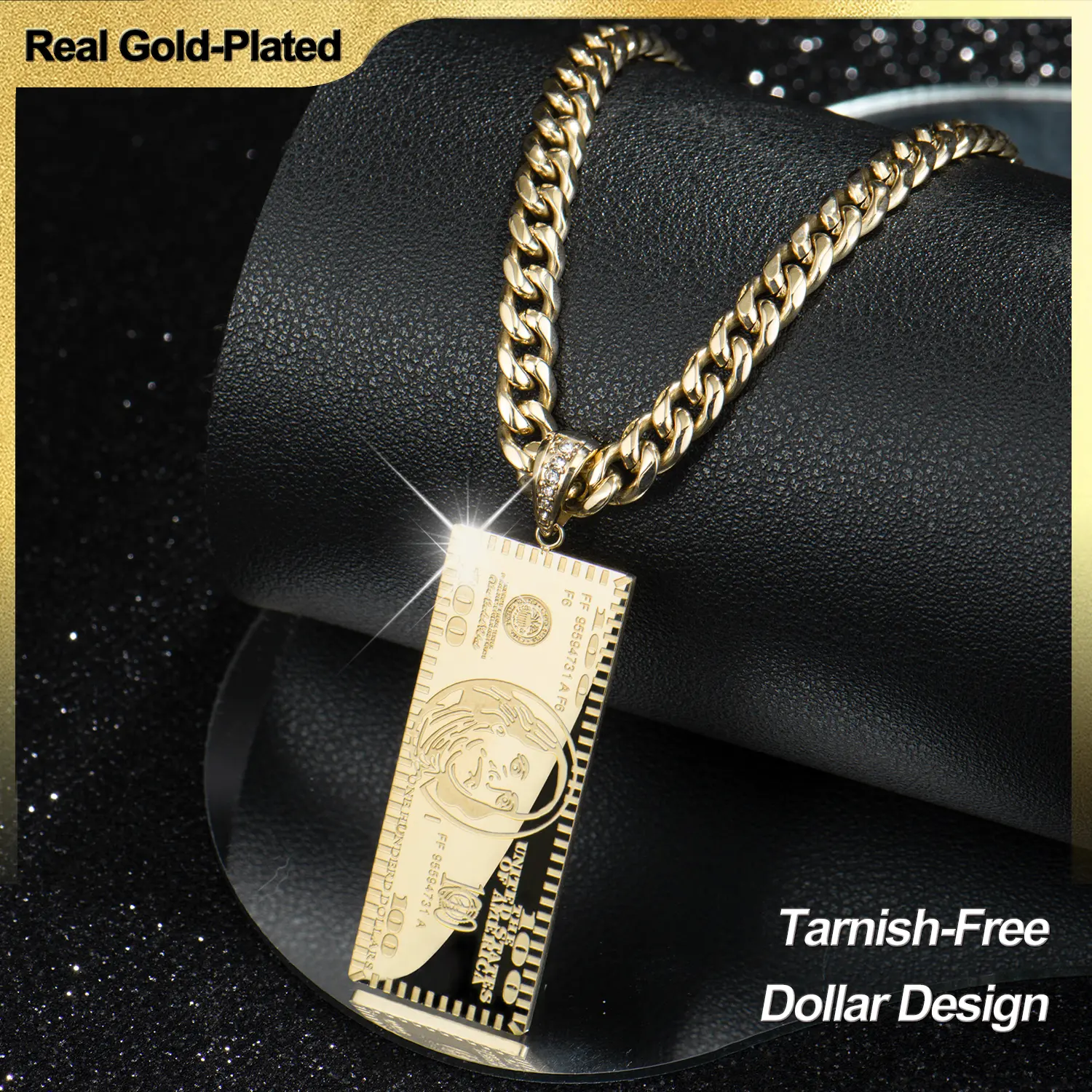 Holylegend 14K Real Gold-Plated Dollar Pendant Necklace, Double-Sided Mini Money Design with Iced Connector, 24" Cuban Chain, Hip Hop Jewelry Gift for Streetwear Lovers,Father's Day Gift