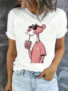 Women's  Graphic T-Shirt,  Panther Drinking Boba Bubble Tea Soft Cotton Casual Tee For Summer Brunch, Gift For Girls Who Love Whimsical Prints - Relaxed Fit, Lightweight, Pairs With Jeans