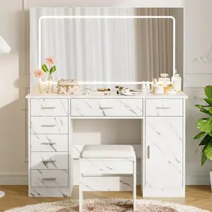 【GARVEE】White Vanity Desk with Mirror and Adjustable Lights, Featuring 7 Drawers and Hairdryer Holder, 3 Light Modes with Brightness Control, Marble White Makeup Dressing Table for Bedroom
