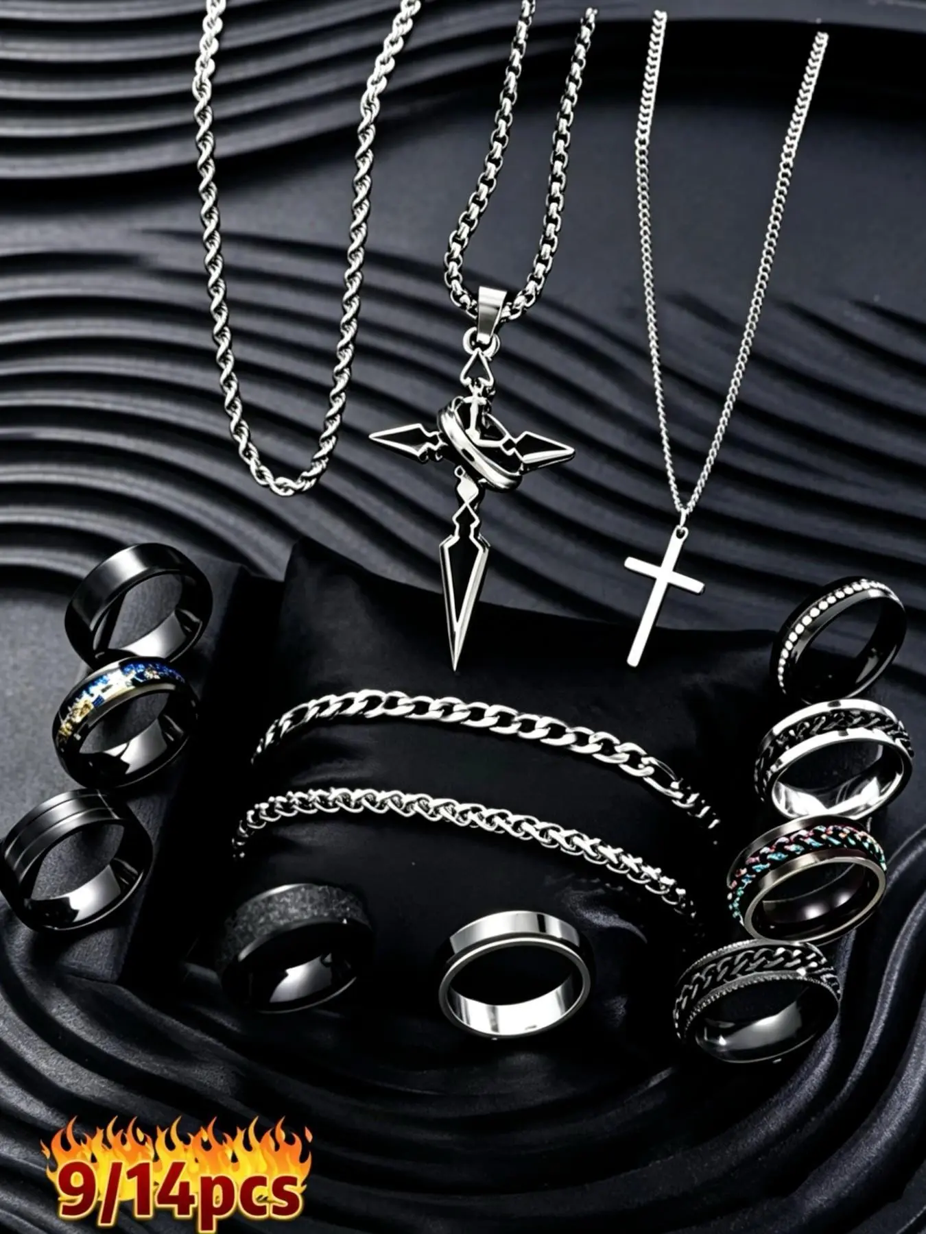 Men's Punk Style Stainless Steel Jewellery Gift Set, Cross Pendant Necklace, Chain Bracelet and Ring, for Party and Daily Wear, Trendy Birthday Gift