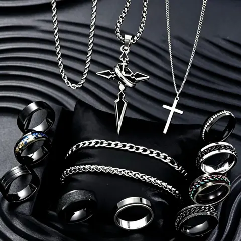 Men's Punk Style Stainless Steel, Cross Pendant Necklace, Chain Bracelet and Ring, Jewelry Gift Set, for Party and Daily Wear, Trendy Birthday Gift