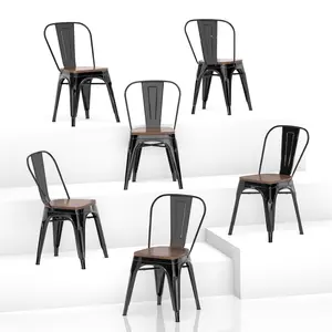 Ferroiarea 6-Pieces Black Wooden Seat Metal Dining Chairs with Backrest – Sturdy Kitchen Chairs for Dining Room, Indoor Stackable Chair Set