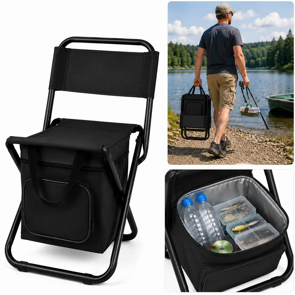 Folding Fishing Chair with 10L Cooler Bag, Lightweight (3.52lbs) Steel X-Frame Seat for Hiking/Fishing, Unisex Compact Fold Design, 300 lbs Capacity, Insulated Cooler, Portable Seat, X-Frame Frame