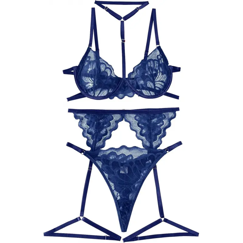 Sexy Choker Floral Lace Scallop Sheer Underwire Push Up Garter Belt Lingerie Set 3 Piece Sexy Choker Floral Lace Scallop Sheer Underwire Push Up Garter Belt Lingerie Set 3 Piece