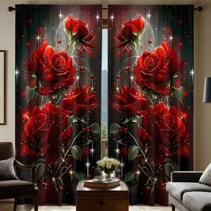 2pc Valentine's Day romantic red rose curtains, Home Textile, sparkling gold powder design, a perfect gift for friends, suitable for home decoration in dormitories, bedrooms, living rooms, kitchens, dining rooms, studies, cafes, hotel apartments, etc