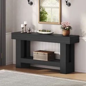 MAHANCRIS Modern Black Entryway Table with Storage, 63'' Long Farmhouse Console Table, 2-Tier Wood Sofa Table Behind Couch, with Grooved Design, for Living Room, Hallway, Corridor, Black #SpringSale #BigSpringSale