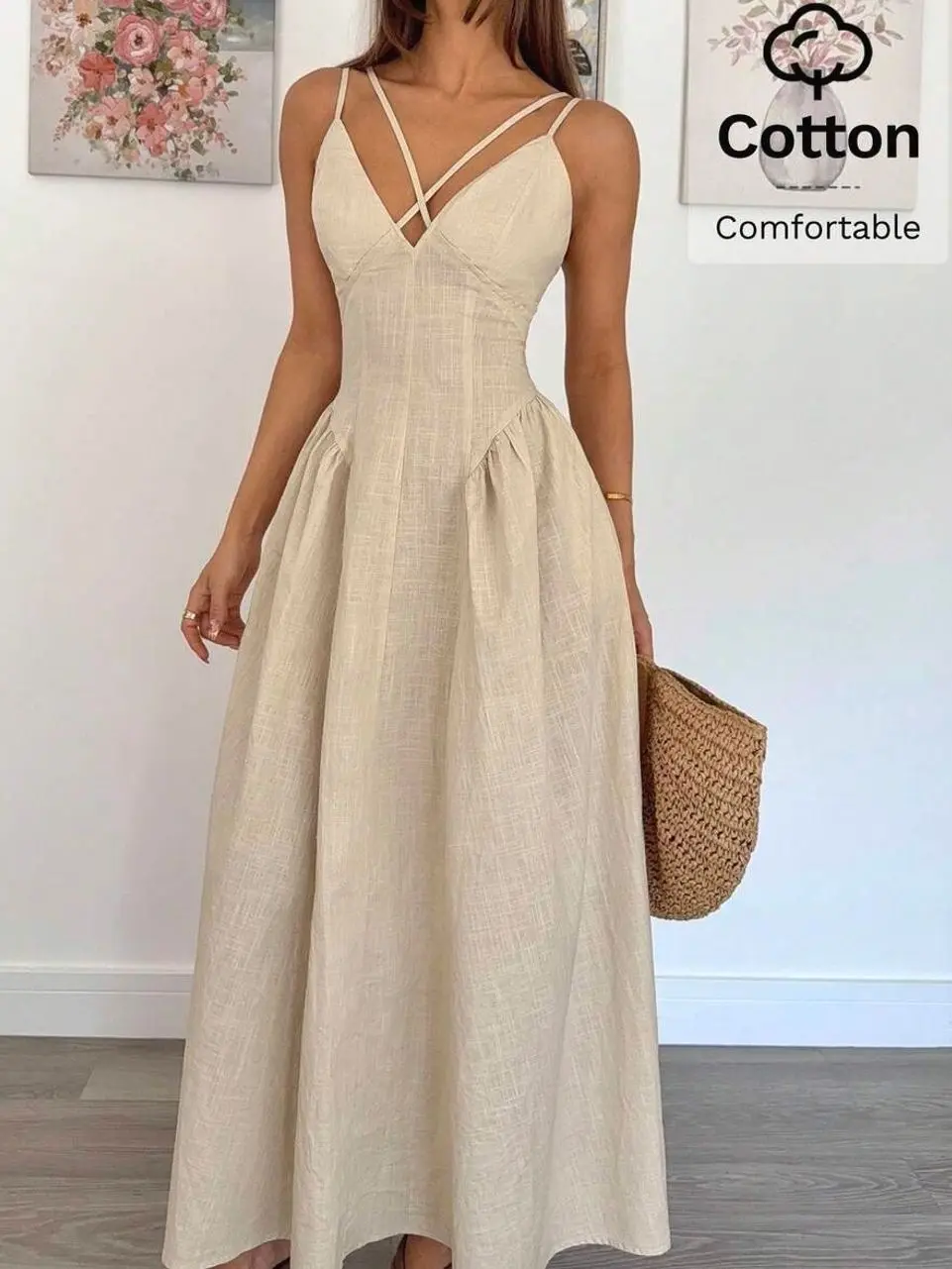 Elegant Beige Summer Dress, Crossover A-Line Midi, Old Money Style Wedding Guest Outfits For Holiday Vacation Resort Party