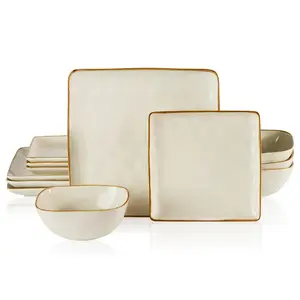 Famiware Ocean Square Dinnerware Sets for 4, 12-Piece Kitchen Plates and Bowls Sets, Microwave and Dishwasher Safe, Sturdy Tableware