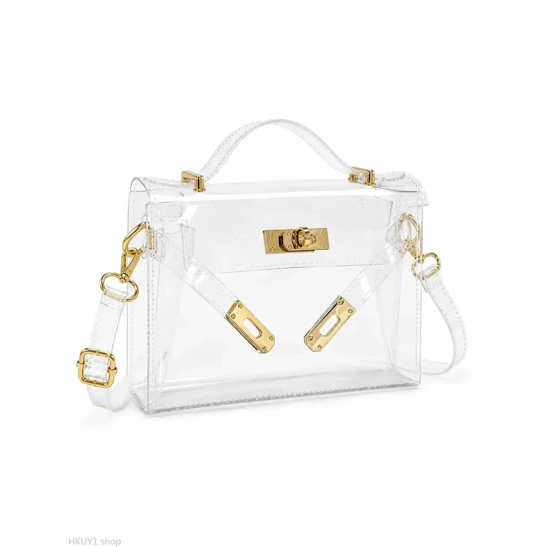 Transparent Jelly Crossbody Bag for Women, Clear PVC Shoulder Handbag, Stadium Approved Fashion Purse with Gold Lock tiktokshopbacktoschool