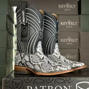 ReyWelt 080 Pithon Embossed Cowhide Ostion Western Style Boot Vaquero Square Toe Pull On Made In Mexico Goodyear Welt Construction