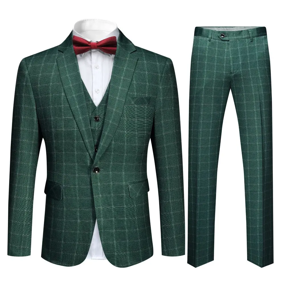 Cloudstyle Menswear Formal 3-Piece Plaid Polyester Apparel Set, Slim Fit Jacket, Tux Blazer, Vest, Pants, Green, Size L, Office, Elegant