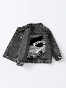 Trendy Boys' Denim Jacket Monster Car Print Vintage Look Spring Summer School Outing Casual Comfortable Outerwear