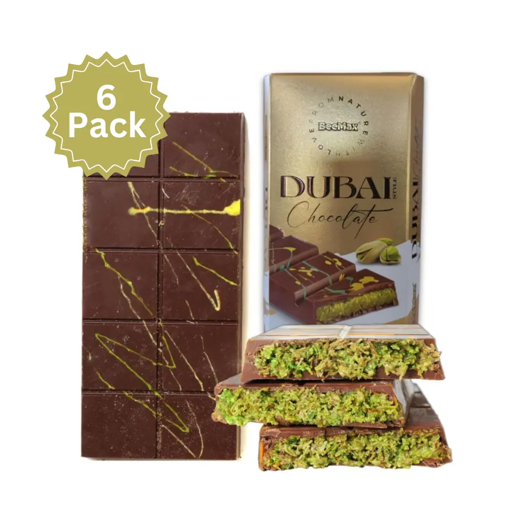 Authentic Dubai-Style Chocolate Bar - 6 pack | 7 oz of Luxurious Middle Eastern Indulgence | Premium Milk Chocolate, Golden Kadayif Crisps, Velvety Tahini & Hand-Harvested Pistachios – Imported from Turkey - Now Ships with Ice Pack