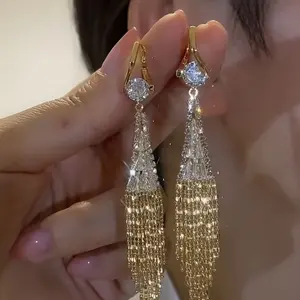 High-End Tassel Earrings For Women, Long Water Diamond Drop Earrings, DDES0084 Fashionable Accessories For Banquets And Bridal Gowns