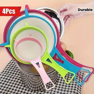 4 Piece Multifunctional Colored Kitchen Strainer with Handle, Durable Food-Grade Design for Tea Juice and Milk, Space-Saving Kitchen Tool for Baking and Brewing