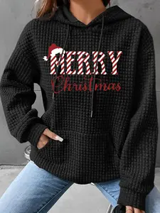 Women's Trendy Hooded Sweatshirt with Christmas Letter Print, Long Sleeve Pullover with Pocket, Fall & Winter Casual Top, Hoodie Top
