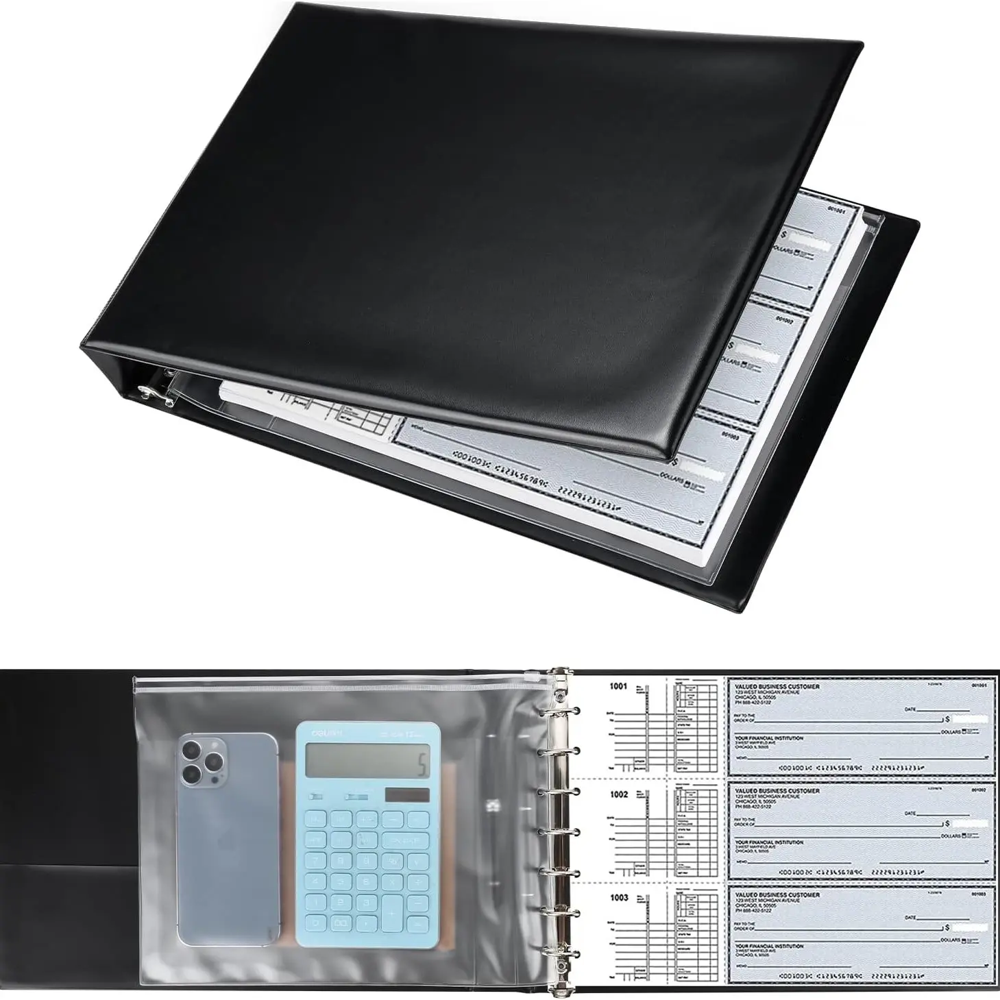 1 Pc 7 Ring Business Checkbook Storage Binder, Cash Storage Binder for Business Checks, 600 Checks Capacity, PU Leather Check Book Binder with Zipper Pouch, Organizer Portfolio Holder, Document Organizer Folio for 9x13 Inch Sheets, Office Accessories