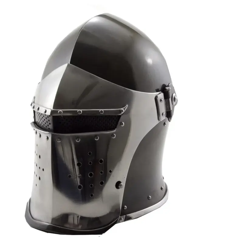 Medieval Warrior Menswear Fitted Leather Visored Barbuta Knight Helmet - Full Size Wearable for Adults with Straps, Wooden Display Stand - Halloween Costume Reenactment Premium Quality Black Design, Accessories Adults, Cosplay Gear, Birthday