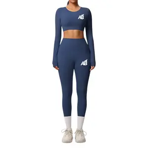 Women's 2-Piece Seamless Ribbed Sports Clothing Set - Long Sleeve Crop Top, High-Waist Leggings for Women with Pocket, Blue, Small - Ideal for Yoga, Running