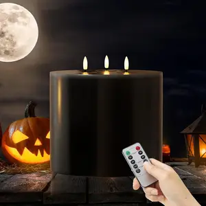 Black  Flameless Candles 6"x6"  Operated Candle with Remote Real Wax 3 Wick Led Candles Flickering Flame  Candles for Halloween Harvest Festival Christmas  Decor