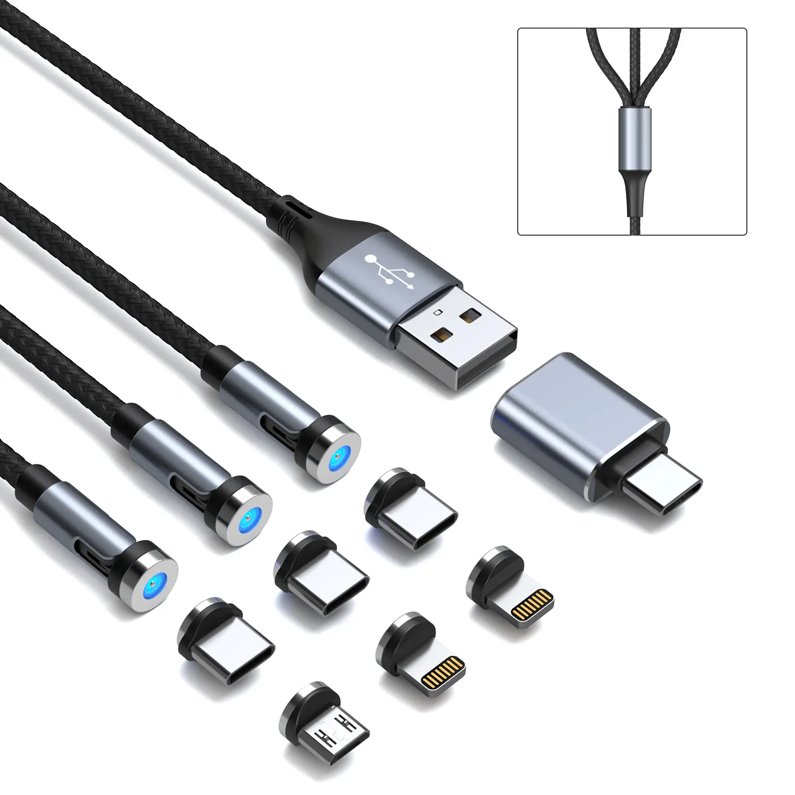 AUBIKA Magnetic Multi Charging Cable, 3-in-1 Rotating Charger Cord 4FT with LED Light, USB-C Adapter 6 Connectors Included