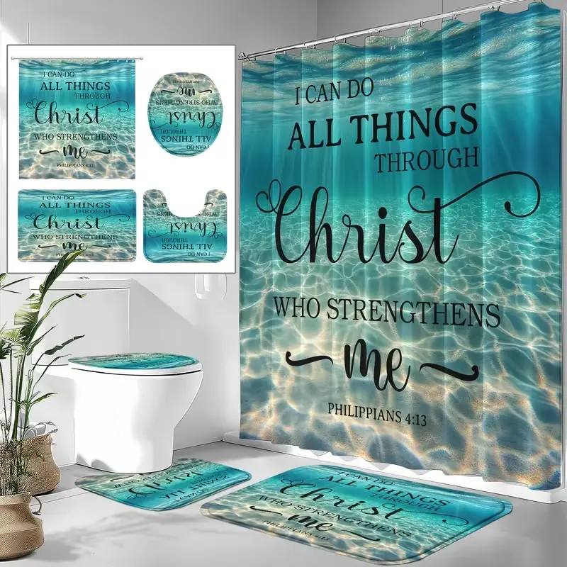 Ocean Bible verses and coastal landscape pattern shower curtain set, non-slip mat, U-shaped rug, toilet seat cover, for bathroom décor, includes 12 shower curtain hooks, Home, Bathroom Decoration Accessories