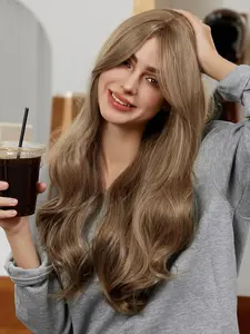 28 Inch Long Wavy Light Brown Wigs for Women, Gorgeous Fluffy Wigs with Curtain Bangs, Heat Resistant Synthetic Full Machine Wigs for Party, Daily Use, Natural Looking Wig