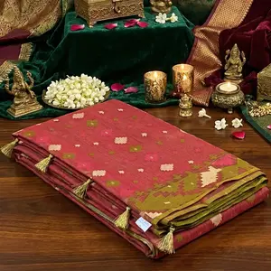 Elegant Olive Handloom Dhakai Jamdani Saree: Lightweight Weave, Traditional Motifs