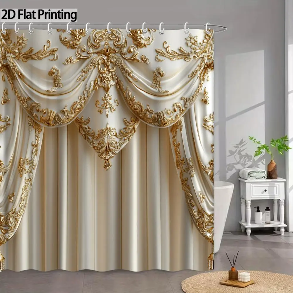 【summervibes】Elegant Vintage Luxury Shower Curtain Adorned with Gorgeous Gold Floral Patterns - Machine Washable, Includes Hooks, Available in Multiple Sizes, Suitable for Home Décor, 2D Graphic Design, Princess Style.