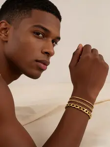 Viral 18k Gold-plated Chain-style Gold Stackable Bracelets 3 Piece Set, Hypoallergenic Tarnish-Free Stacking Bracelets Set for Men