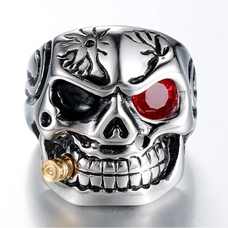 Men's Gothic Punk Single-Eyed Skull Ring - Anti-Rust Steel, Inlaid Synthetic Zircon, Men's Jewelry, Fashion Costume Accessory, Cubic Zirconia Ring, Fashion Rings