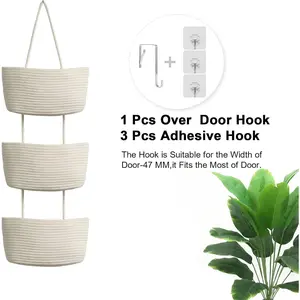 Over the Door Hanging Basket, 3-Tier Woven Cotton Wall-Mounted Storage Organizer Bag Decorative Hanging Nursery Baskets, White