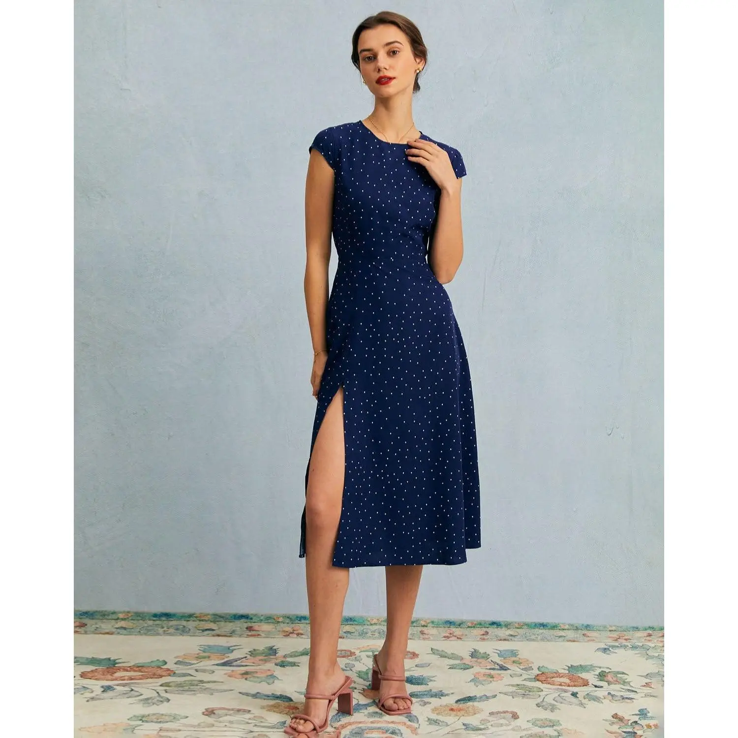 RIHOAS Women's Polka Dot Cap Sleeve Dress, A-Line Polyester Midi with Cutout, Fitted Corporate Attire for Office, Soft, Casual, Lightweight, Breathable Fitted Dress, Polka Dot Dress