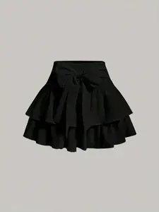 Women's Plain Bow Decor Tiered Layer Ruffle Hem Skirt, Casual Shirred Short Skirt for Daily Wear, Ladies Bottoms for All Seasons, Womenswear