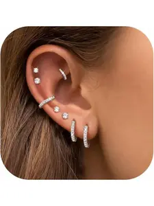 8 Pairs Stainless Steel Earrings Sets for Multiple Piercing, Fashion Earrings Small Huggie Hoop Earrings Flat Back Tiny Ball CZ Stud Earring, 14K Gold Plated Cartilage Helix Earrings Inner Diameter 6-12MM, CZ Diameter 2-3MM, Stud Earrings Jewelry