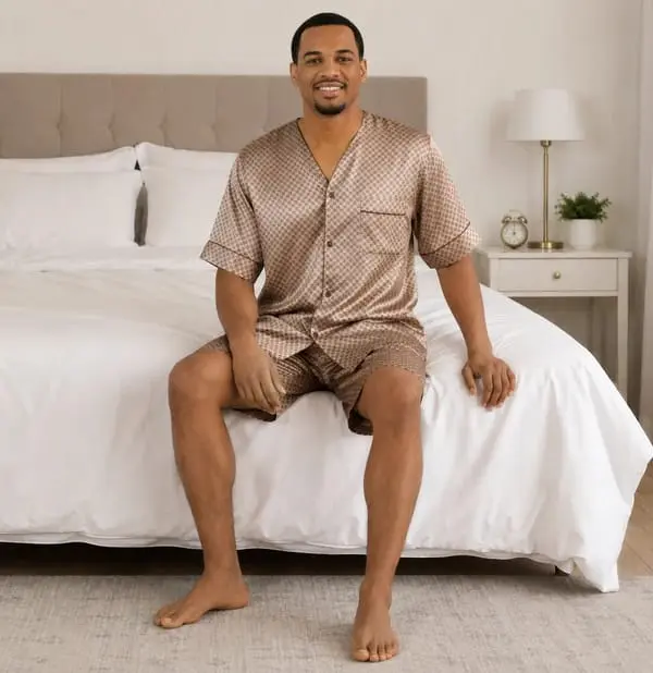 up2date Men's 2-Piece Polyester Satin Pajama Set - Fashion Stylish Short-Sleeve Button-Down Woven Nightwear, Plain Black with Red Trim, Loose Mens Loungewear